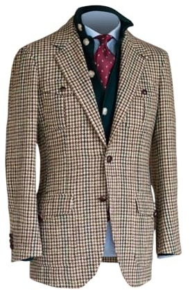RAJEGAR Giacca da uomo, blazer in tweed a quadri houndstooth, casual, Norfolk, in lana misto, slim, vintage, british, da cerimonia, in giacca di hacking, Pied de poule, L