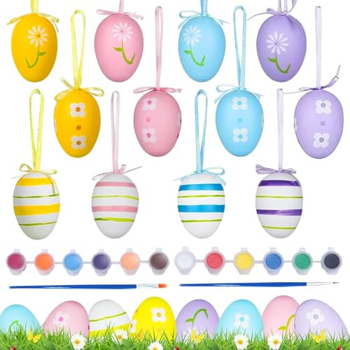 Ostereier zum Aufhängen, 24 Stück Ostereier Plastik zum Bemalen, Bunte Osterdeko mit Schnur Wiederverwendbare, Ostereier mit Stilstreifen, Blumen, Ostern Hängedeko für ür Haus, Garten, Geschenke