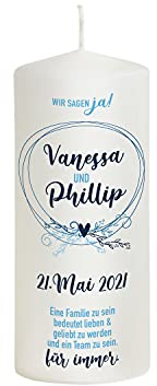 Liamoria® Hochzeitskerze Vintage in Blau mit Namen, Datum und Spruch - Modell Vanessa - Personalisierte Hochzeitsdekoration (20 x 8 cm)