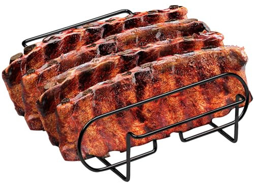 Zntezed Extra Long Non-Stick Stainless Steel Rib Rack for Smoking and Grilling，Holds up to 4 Full Racks of Ribs, The perfect BBQ accessory for smoking and grilling，Black