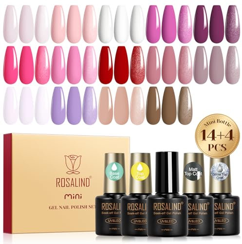ROSALIND Smalto Semipermanente Unghie, 18 Pezzi Rosa Nudo Bianco Rosso Viola Marrone Colori Smalti Semipermanenti per Unghie, Soak Off UV/LED Smalto Gel Unghie Nail Art Manicure