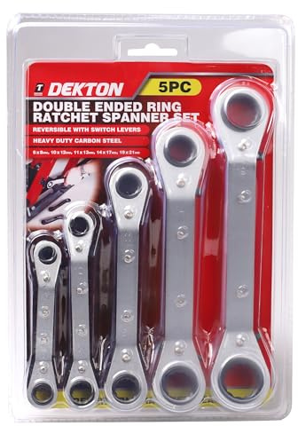 DEKTON 5pc Ring Ratchet Spanner Set -Fully Heat Treated Offset Ratchet Spanners|Easy Reversible Action| Body A3 Steel|Gear 45 Steel Heat Treatment|Body No Hardness|Gear Hardness 42 Degrees