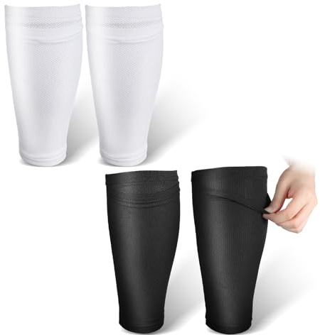 Shin Guard Sleeves, 2 Pairs Soft Breathable Shin Pad Sleeves Kids for Football Above 12 Years Old Kids Teenagers Adults Beginners Youth (Black & White)