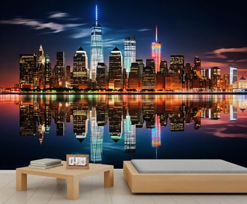 YXQAIED Manhattan Night View Wallpaper, City Skyline Wallpapers Wall Mural, Cityscape Photo Wallpaper for Living Room Bedroom Backdrop Wall Decor, 100x70cm