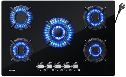 Plaque de Cuisson Gaz 5 Feux, WEHIMO Table de Cuisson Encastrable, Plaque Gaz 77cm, 10500W, Grille Fonte, Gazs Ville et Bouteille, Verre Noir