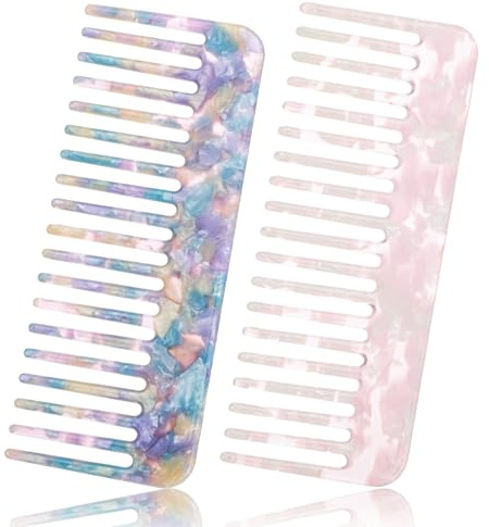 2 Stück Lockenkamm, Locken Kamm Antistatischer Haarkamm mit Großer Zahnung, Bruchfester Locken kamm für Dickes & Langes Haar (Rosa/Violett)