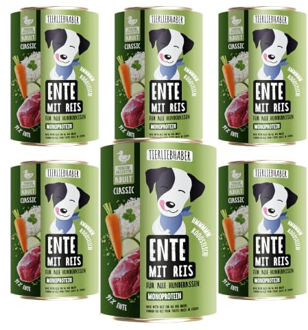 Hundefutter Nass 400g Ente & Reis – Hunde Nassfutter 6x400g Dog Food | Tierärztlich entwickeltes Nassfutter für Hunde mit 91% Fleischanteil – Hunde Futter leicht verdaulich von TIERLIEBHABER