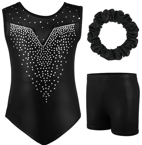 AOOWU Set Ginnastica 3 Pezzi, Leotard Y-Neck Pantaloncini, Danza Gradient Colour Sparkle Manica Lunga/Senza Maniche