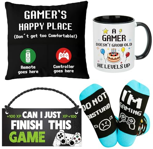 MerriBox Gaming Gifts for Men Boys Teens Gaming Accessories for Room Gaming Stuff with Funny Gaming Socks Cushion Cover Gaming Cup Hanging Door Sign Gamer Room Decor