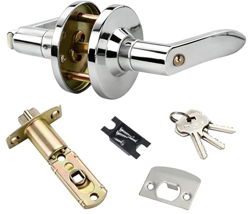 Door Handle Lock with Keys, Bedroom Door Lock Satin Nickel Door Handle Lock for Interior with Adjustable Latch, Stainless Steel Door Lock for Interior Bathroom Kitchen Office (Silver)