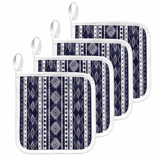 Medieval Aztec Geometric Navy Blue Pot Holder Set of 4,Heat-Proof Kitchen Dining Hot Pads Abstract Tribal Pattern Non-Slip Potholders for Oven,Cooking,Baking,Stove,Countertop