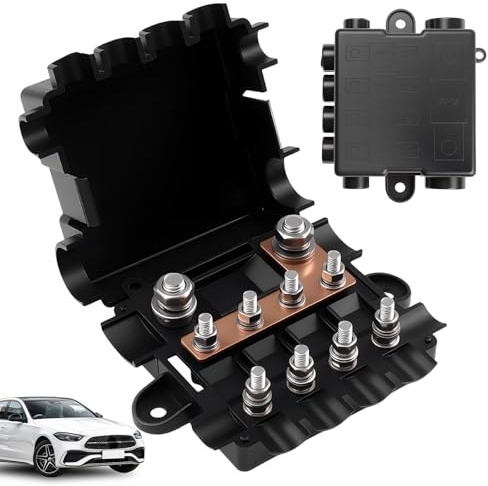 Sicherungshalter für 1X Mega + 4X Midi Sicherungen, Mit Integrierter Busbar & Polyamid-Gehäuse mit Abdeckung, Kompakte Stromverteilung für KFZ, Wohnmobil, Boot & Solar-Offgrid Systeme
