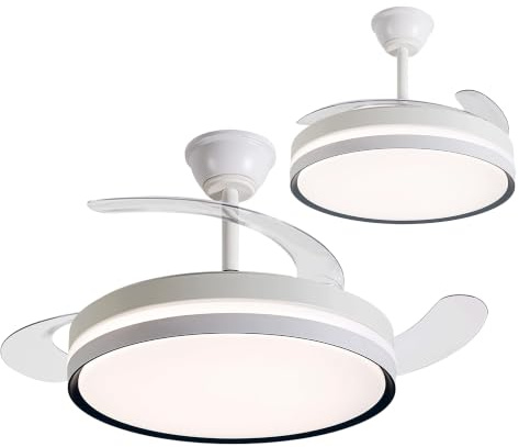 Ventilador techo, aspas retráctiles, luz regulable: BRISANOVA RETRÁCTIL. 6 Velocidades 3 tonos luz.Temporizador. Silencioso. 30W. Modo Verano/Invierno. Ø 48.5cm aspas cerradas. Ø 106cm aspas abiertas