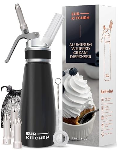 EurKitchen Sifone da Cucina per Panna Montata in Alluminio - Sifone Panna Professionale Anti Perdite - con 3 Punte Decorative e Spazzola per Pulizia - Montapanna da 500 ml - Cartucce N2O Non Incluse