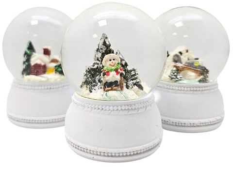 3 süße Mini-Schneekugeln Winter und Weihnacht | weiß Sockel Nostalgie | Durchmesser 45mm | Höhe 65mm | 20264abc