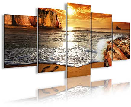 DekoArte 268 - Modernes Bild, digitalisierter Kunstdruck | Dekoratives Bild für den Salon oder das Schlafzimer | Stil Landschaft Sonnenuntergang am Strand | 5 Teil 200 x 100 cm XXL