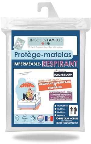 Linge des Familles - Protège Matelas 140x190 cm - Imperméable & Respirant - Alèse Souple & Silencieuse - Bonnet 30 cm Elastiqué - Label Oeko-TEX® Standard 100 - Made in Europe