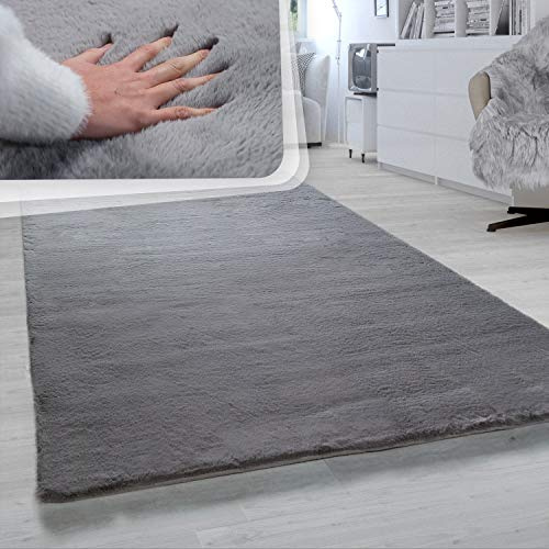 Paco Home Hochflor Teppich Für Wohnzimmer Softes Kaninchenfell Imitat Kunstfell In Dunkelgrau, Grösse:140x200 cm