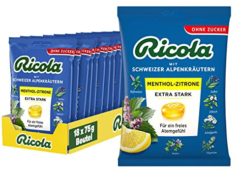 Ricola EXTRA STARK Menthol-Zitrone, 18 Beutel Original Schweizer Kräuter-Bonbons mit 13 Alpenkräutern & natürlichem Menthol, zuckerfrei, 18 x 75g