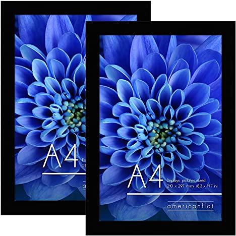 Americanflat Cadre Photo A4 Noir - MDF avec Verre Incassable Poli, Chevalet & Matériel de Suspension Intégré - Format Horizontal et Vertical pour Mur et Dessus de Table - 21x29,7 cm - Lot de 2
