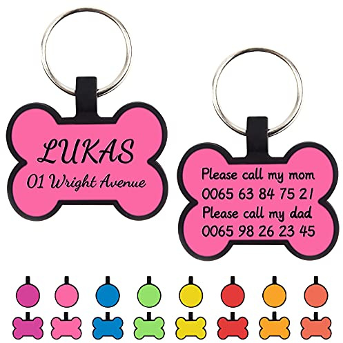 Uiopa 2 Stück Hundemarke mit Gravur, Knochen/Runde Hundemarke Personalisiert Silikon Adressanhänger Hund und Katze Hundemarken, Hundehalsband Anhänger für Hunde und Katzen (Knochen Rosenrot)