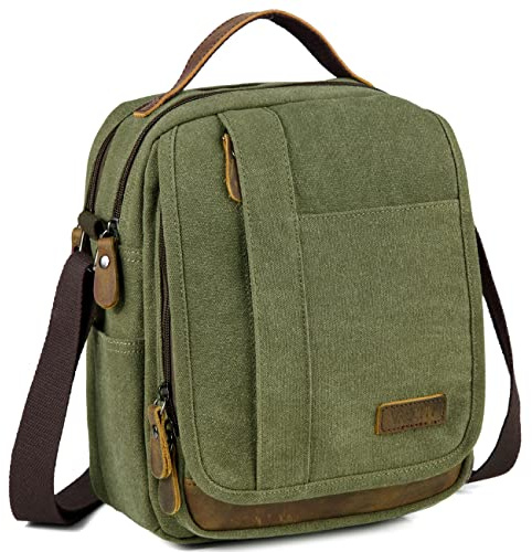 VASCHY Bolso Bandolera Hombre Pequeño de Lona y Cuero, Resistente al Agua, 7,7 L, Cabe iPad 10,2, Bolsillo Trasero Antirrobo, Múltiples Bolsillos, Para Trabajo y Viaje, Verde