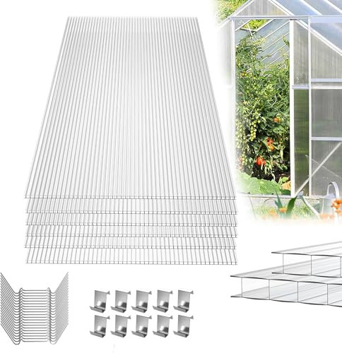 YRHome Piastre alveolari in policarbonato da 14 pezzi, 605 x 1210 x 4 mm, superficie totale 10,25 m², piastra per serra, con 50 staffe e 50 clip a Z