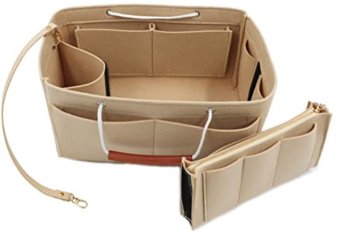 Heavyoff Taschenorganizer Handtasche, Filz Taschen Organisator mit Abnehmbare Reißverschluss-Tasche und Griff für Damen, Beige