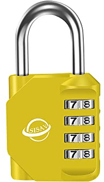 SISAV Zahlenschloss 4-stelliges Bügelschloss für den Außenbereich, für Schule, Fitnessstudio, Schließfach, Zauntor, Tor, Haspen und Werkzeugkasten, Gelb