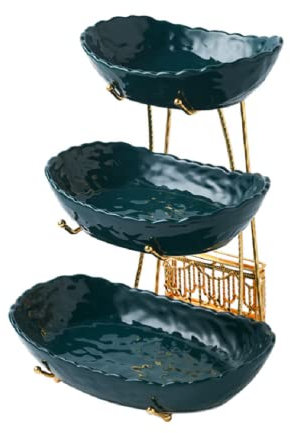 JUNYFFF Frutero De 3 Pisos - Cesta De Frutas Cerámica para Mostrador Y Organizador Cocina – Fruteros De Cocina Verde Estilo Vintage – Cuencos Frutas con Soporte Metálico 6 Horquillas De Frutas