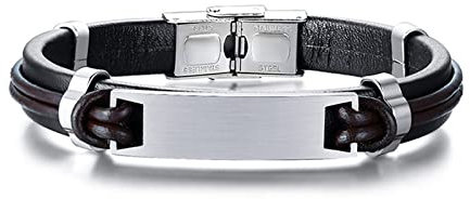 Bishilin Partnerarmbänder Leder mit Gravur, Armband Männer Personalisiert Schild Herren Armband Silber Schwarz 21.5CM Charms