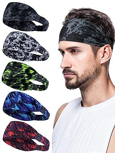 AWUMBUK Headbands for Men, Sweat Bands Head Sports Hair Bands Elastic Head Bands Men Running Gym Accessories 5 Pack