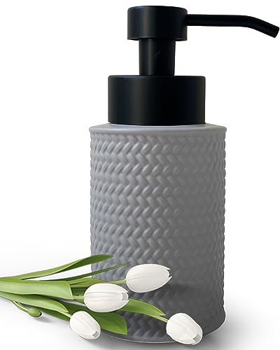 10 Oz Foaming Soap Dispenser for Bathroom,Kitchen Foam Soap Dispenser,Refillable Modern Foam Pump Bottle,Black Ceramic Foaming Hand Pump Dispenser (Grey Weave)