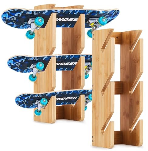Woanger Skateboard-Halterung, Wandhalterung, für 3 Bretter, Skateboard-Aufhänger, nachhaltiger Bambus-Skateboard-Halter, Wandhalterung für Aufbewahrung, Zuhause, Garage, Snowboard, Innen-Organizer,