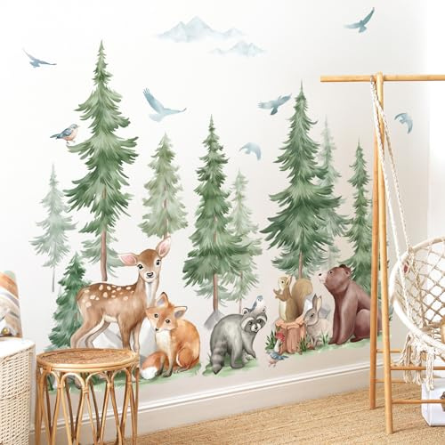 wondever Pegatinas de Pared Animales del Bosque Adhesivos Pared Decorativos | Árbol Grande Ciervo Oso Zorro Pino Vinilos Pared para Habitación Niño Bebés Dormitorio Guardería