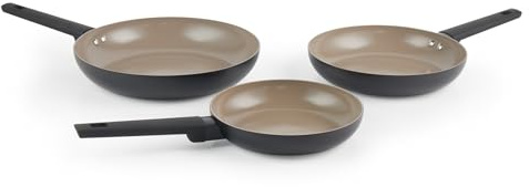 Salter BW12876EU7 Juego de sartenes, cerámica, cuerpo de aluminio reciclado, 3 piezas de 20, 24 y 28 cm, revestimiento antiadherente sin PFOA ni PFAS, inducción, mango suave, para huevos y tortillas