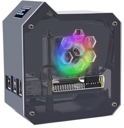 GeeekPi Kit de mini torre para Raspberry Pi 5, funda con enfriador de torre ICE, módulo OLED de 0.96 pulgadas, ventilador RGB, placa de expansión GPIO 1 a 2 para modelos de 4 GB/8 GB