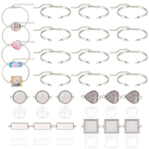 nbeads 48 Stück Blank Armband Making Kit, 4 Stile Edelstahl-Armband Lünette Einstellungen Glas Cabochon Lünette Tray Blank Bangles Armbänder mit Glas Cabochons für Schmuckherstellung DIY Handmade