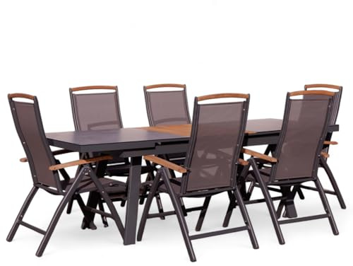 ALEOS. Gartengarnitur Gartenset Aluminium Teak Set mit Ausziehtisch 180x90cm auf 240cm ausziehbar + 6 Hochlehner anthrazit Trinidad