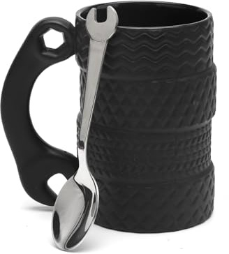 HENGBIRD Reifentasse Großes Fassungsvermögen 450ML Keramik mit Löffel, Reifentasse 3D Große Autotasse mit Henkel, Kaffeetassen für Büro, Zuhause, Fahrer Mechaniker, für Männer, Autoliebhaber