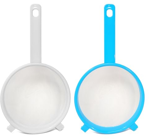 com-four® 2x Passiersieb mit Griff - Seiher zum Abgießen von Nudeln - Durchschlag zum Waschen von Obst, Gemüse und Salat - rundes Abtropfsieb - Küchenzubehör aus Kunststoff (2 Stück - weiß/blau)