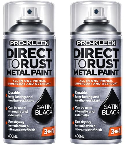 Pro-Kleen Direct to Rust Metal Paint 2 x 400ml - For Use on Metal, Wood, Furniture, Rust, Outdoor & Indoor Surfaces - 3-in-1 Primer, Undercoat & Topcoat - Black Satin Finish