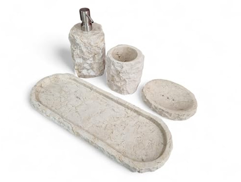 Marmor Badezimmer Set - Zahnputzbecher, Seifenspender, Seifenschale, Tablett für Ihre Wohlfühloase in beigen Naturstein