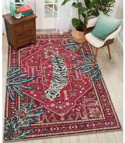 AAFUOO Tigerteppich mit Tiermuster, Tropische Pflanzen, Palmblätter, Weinrot, Boho-Vintage-Orientteppich, Schlafzimmer, Küche, Esszimmer, Wohnzimmer, Innenbereich, Eingangsbereich, 100 x 150 cm
