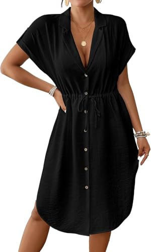 Bsubseach Women Summer Swimsuit Coverup for Swimwear Button Down Short Sleeve Shirt Dress with Tie Waist Black M