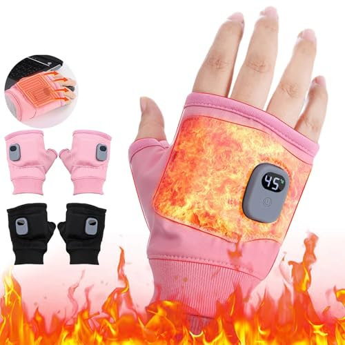 Electric Heated Gloves - Electric Heated Gloves Rechargeable, 3-Speed Adjustable Heated Riding Gloves, Half-Finger Heated Work Gloves, Fast Heating, Heated Gloves for Women Men (Pink)