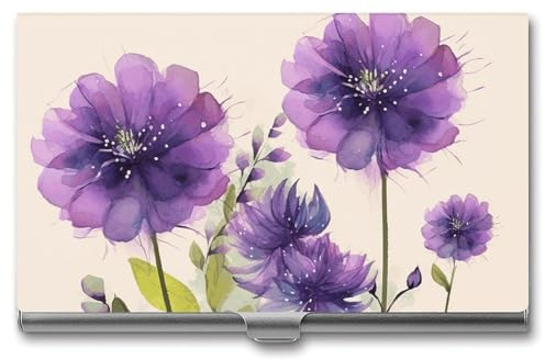 QMNVBDS Visitenkartenetui im Aquarell-Stil, violette Blumen, schlankes Visitenkartenetui für Damen und Herren, Metall, Visitenkartenetui für Tasche, Geldbörse, kleine Visitenkartenetui, Einheitsgröße,