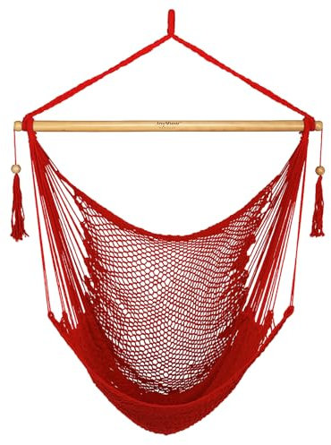 JoyView Hammock Chair with Spreader Bar Caribbean Hammock Swing Chair 300 LBS Weight Capacity XL Rope Hanging Chair for Outdoor Indoor Garden Yard - Red