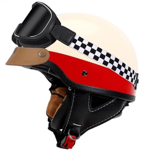 Demi-Casque De Moto Homologué ECEDOT Casque Jet Moto Style Allemand Vintage avec Lunettes pour Hommes Et Femmes Cruiser Vélo Scooter Casques Bols Casque Mobylette 10,3XL:65-66CM