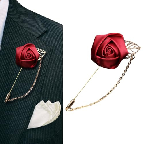 Broche de solapa de flor de rosa roja vino con hoja dorada, hecho a mano, de tela, con flores, boutonniere floral, accesorios de ropa para hombres y mujeres, traje de boda y fiesta